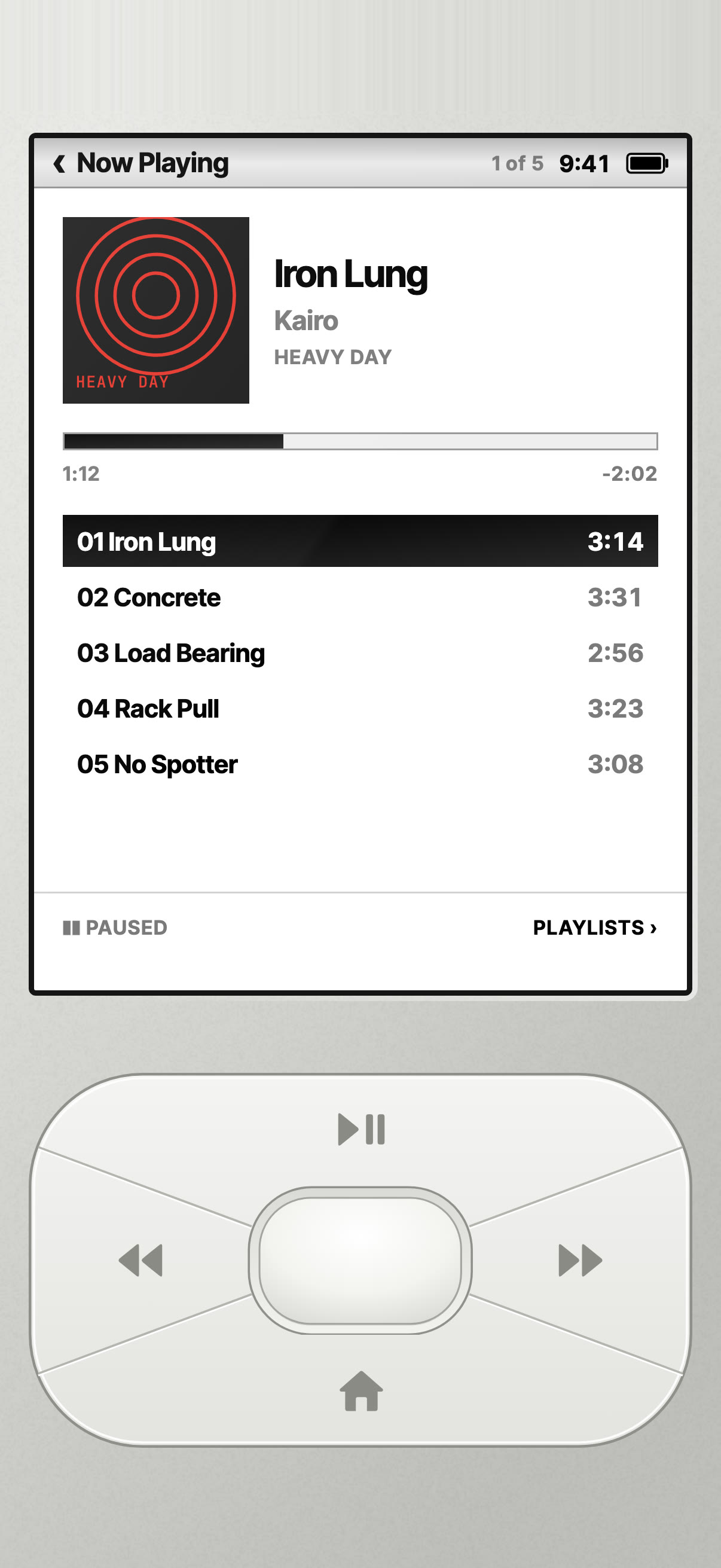 Now Playing screen: Iron Lung by Kairo from the Heavy Day playlist, with the track list and the click pad below.