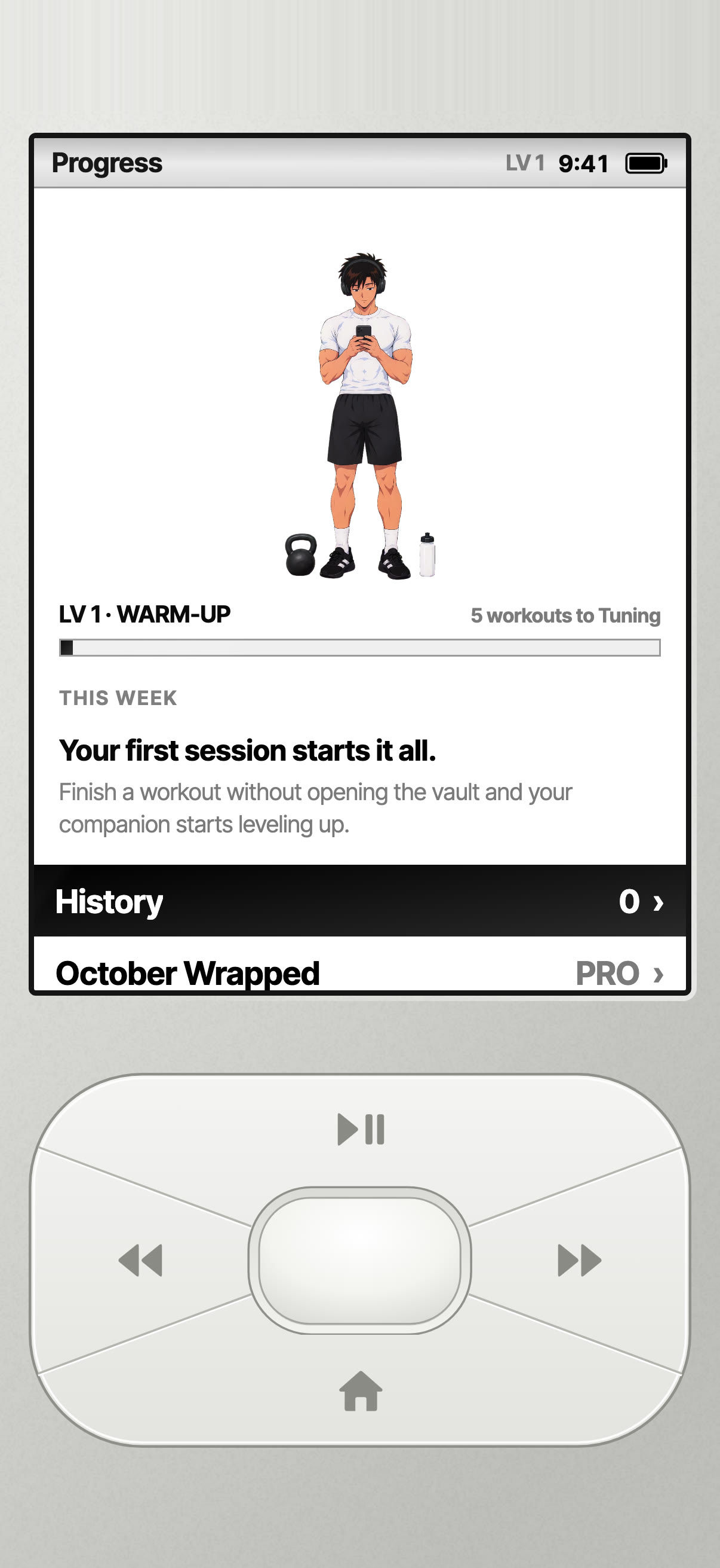 Progress screen: your companion Leo, level 1 Warm-up, and your history.