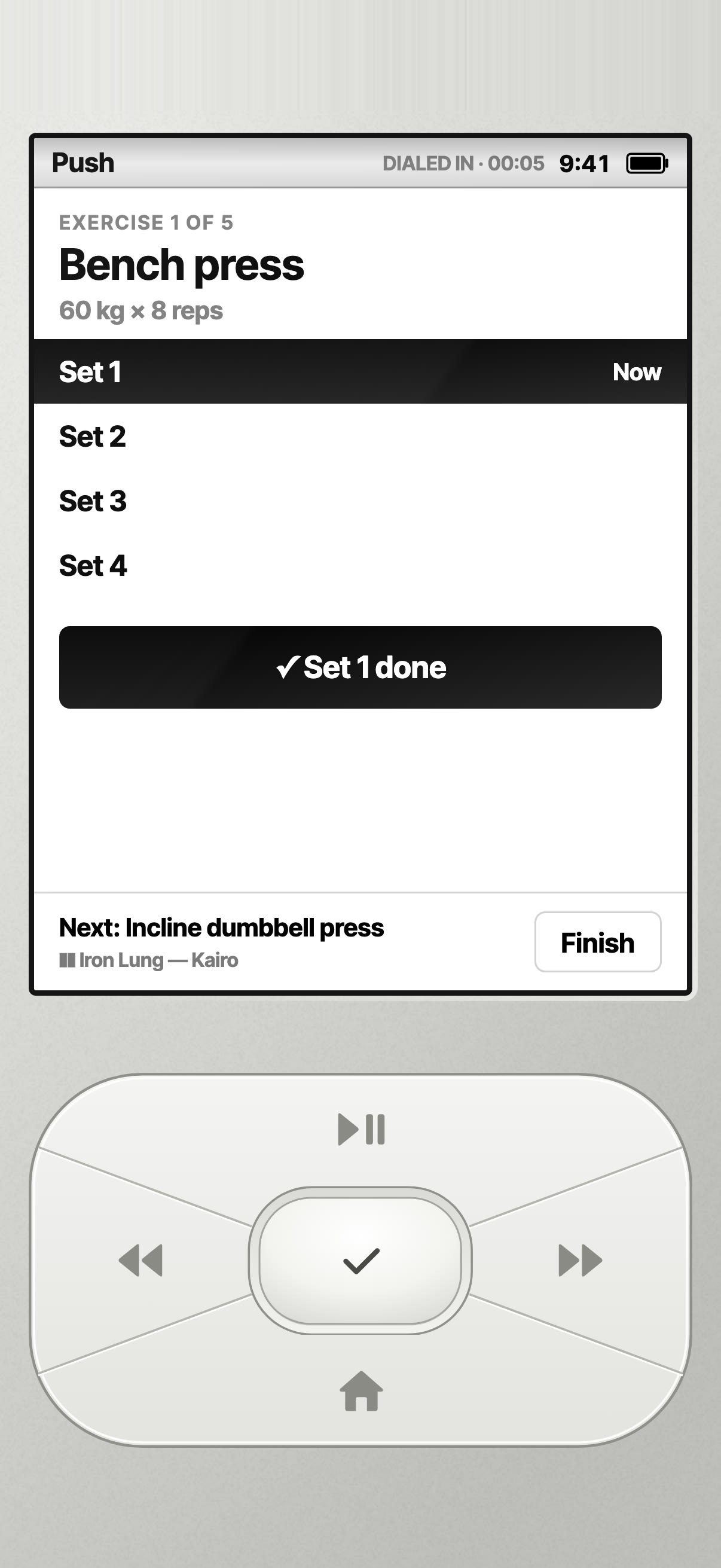 Workout screen: Bench press, 60 kg times 8 reps, Set 1 done, with Iron Lung by Kairo playing.